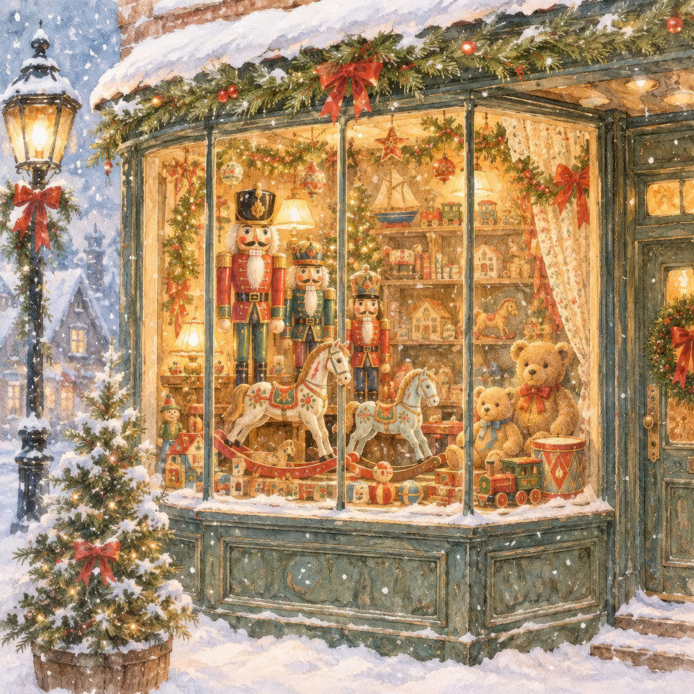 christmas, holiday, vintage, toy shop, nutcracker, teddy bear, rocking horse, winter, snow, nostalgic, traditional, whimsical, warm gold, cream, forest green, red, festive, christmas decorations, storefront, children's theme, retro, classic, seasonal, gingerbread house, holiday window, collectible toys, vintage christmas, winter scene, charming, cozy