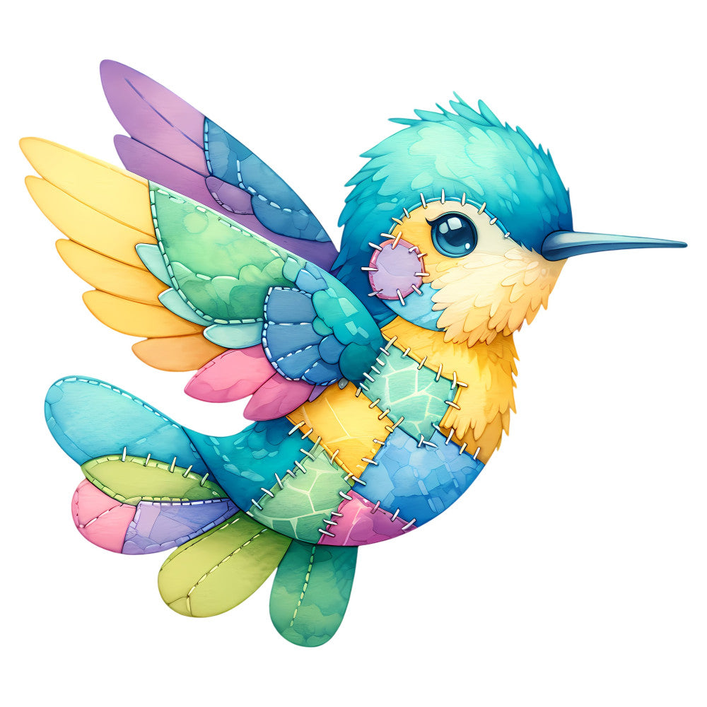 rainbow hummingbird, multicolor bird, turquoise blue, sunshine yellow, coral pink, lavender purple, lime green, whimsical, modern, colorful, bird motif, nature, spring, summer, stitched detail, patchwork style, playful, children, baby quilt, wall hanging, vibrant colors, cute animals, decorative bird, embroidered look, cheerful, tropical, folk art, artistic