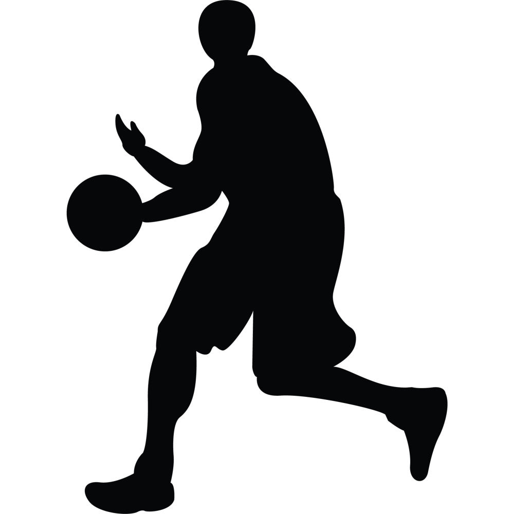basketball, sports, athletic, silhouette, black, monochrome, action pose, jumping, slam dunk, player, motion, dynamic, modern, contemporary, masculine, fan apparel, sports themed, ball player, gym decor, sports fan, exercise, fitness, active wear, youth, energy, graphic, bold, contrast, high contrast