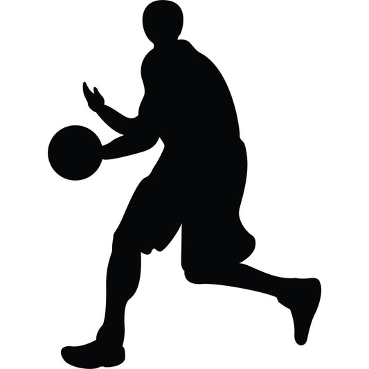 basketball, sports, athletic, silhouette, black, monochrome, action pose, jumping, slam dunk, player, motion, dynamic, modern, contemporary, masculine, fan apparel, sports themed, ball player, gym decor, sports fan, exercise, fitness, active wear, youth, energy, graphic, bold, contrast, high contrast