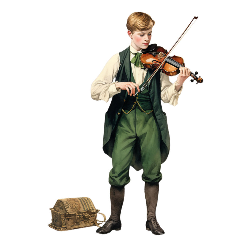 vintage boy, cream, forest green, dark green, gold, brown, classical music, violin, musical instruments, Victorian era, nostalgic, elegant, traditional, whimsical, portrait, young musician, antique trunk, steampunk, historical, European, retro, decorative panel, children's fabric, music themed, sophisticated, timeless, charming, classic illustration