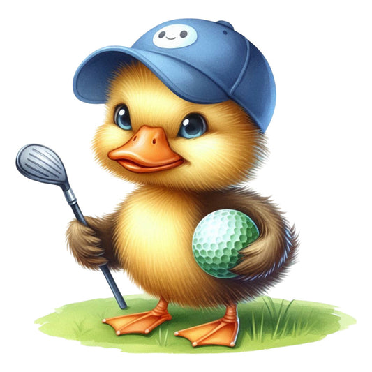 golf, golfer, duck, duckling, bird, animals, cute, whimsical, playful, blue cap, sports, outdoor, nature, yellow, golden yellow, blue, navy blue, green, orange, cheerful, funny, humorous, character, novelty, children's, kids, summer, recreational, instructional