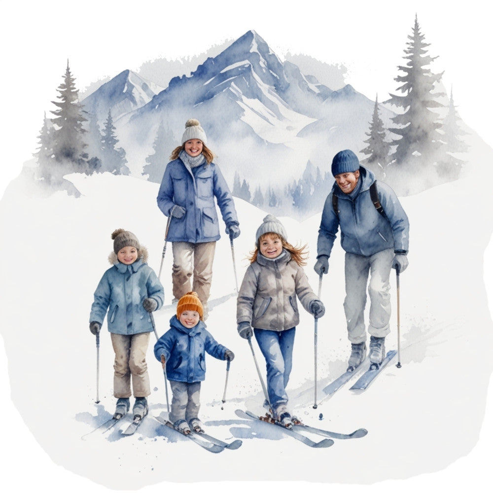 watercolor style, family skiing, winter scene, snow mountains, blue jackets, white snow, gray mountains, evergreen trees, ski poles, winter hats, fabric panel, quilting cotton, outdoor adventure, mountain landscape, winter sports, family activities, cold weather clothing, snowy slopes, alpine scene, winter recreation