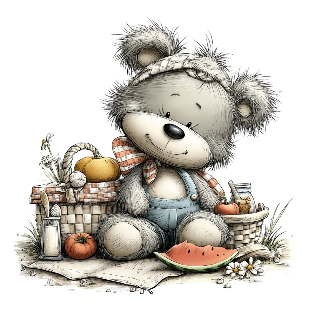 teddy bear, picnic, harvest, rustic, farmhouse, whimsical, cream, beige, tan, rust orange, checkered, plaid, watermelon, vegetables, apples, pumpkins, basket, country, children, nursery, baby, cottage core, pastoral, folk art, illustration, charming, autumn, summer, daisies, nature