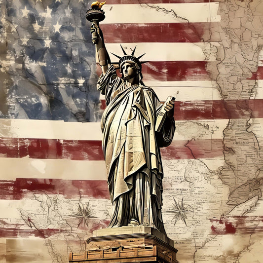 statue of liberty, american flag, patriotic, vintage map, red white and blue, cream, burgundy, sepia tone, distressed, americana, historical, independence day, fourth of july, liberty torch, monument, vintage americana, rustic, traditional, nostalgic, travel theme, geography, antique map, weathered, textured, memorial, national pride, wall hanging, home decor, patriot themed