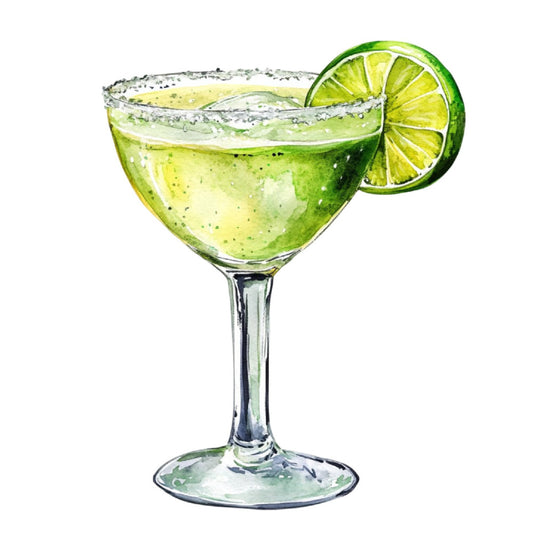 lime green, yellow green, cocktail, margarita, beverage, drink, citrus, lime slice, salt rim, tropical, summer, refreshment, bar, alcohol, mixology, illustration, watercolor, realistic, modern, food and beverage, kitchen, entertaining, bright green, chartreuse, food themed, restaurant decor, happy hour, bar cart, mixologist, detailed illustration