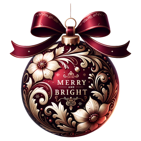 burgundy, deep red, gold, cream, ivory, christmas ornament, floral motifs, decorative bow, ribbon design, ornate patterns, swirls, elegant flowers, holiday themed, festive design, fabric panel, quilting cotton, victorian style, luxurious appearance, metallic accents, seasonal craft