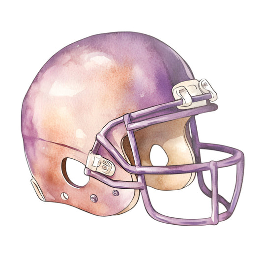 purple football helmet, lavender, dusty rose, peachy pink, watercolor, sports, football, athletic, whimsical, illustrated, gradient, ombre, pastel colors, sports equipment, game day, football fan, helmet design, watercolor art, soft colors, blended colors, sports themed, casual style, modern illustration, detailed motif, single subject panel, decorative, artistic