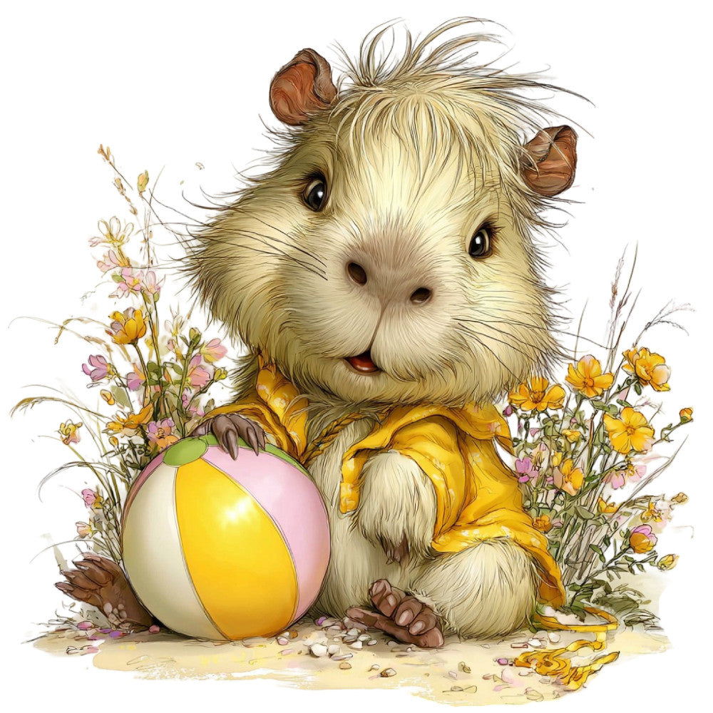 cream, yellow, pink, pale yellow, soft pastels, butter yellow, blush pink, floral, animals, guinea pig, cute, whimsical, spring, easter, baby, nature, flowers, daisies, butterflies, vintage, storybook, children's, gentle, sweet, playful, illustration style, garden themed, soft colors, decorative panel, nursery
