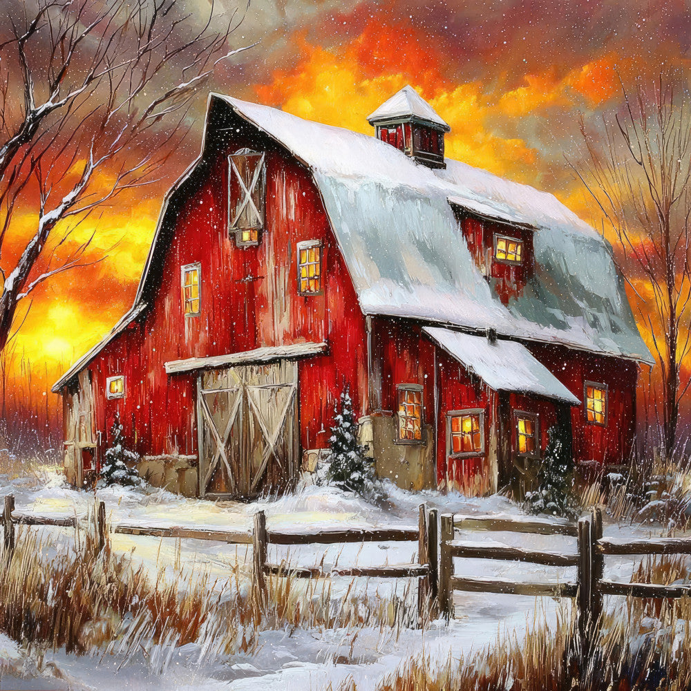 red barn, winter scene, snowy landscape, farmhouse, rustic, holiday, christmas, barn with snow, countryside, rural, golden sky, sunset, dramatic sky, warm tones, cream white, burnt orange, golden yellow, deep red, winter farm, seasonal, festive, nostalgic, traditional, pastoral, cozy, cottage core, weathered wood, fence, trees, falling snow