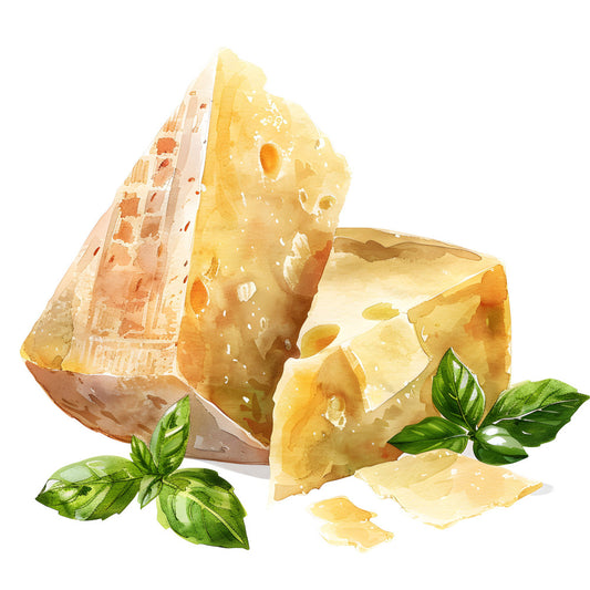 cheese, yellow, cream, pale yellow, butter yellow, golden yellow, tan, beige, light brown, green, basil green, herb green, food, culinary, gourmet, kitchen, farmhouse, rustic, elegant, sophisticated, realistic, still life, nature, fresh, organic, italian, european, artisan, summer, food illustration