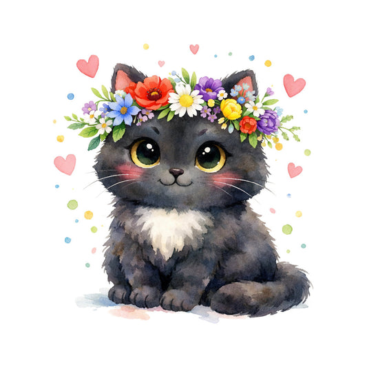 black cat, cat face, yellow eyes, floral crown, colorful flowers, red flowers, purple flowers, yellow flowers, white flowers, blue flowers, pink hearts, whimsical, cute, playful, animal theme, nature theme, spring, summer, bohemian, folk art style, watercolor style, charcoal gray, cream white, coral red, lavender purple, golden yellow, sky blue, sage green, hearts and flowers, children's illustration