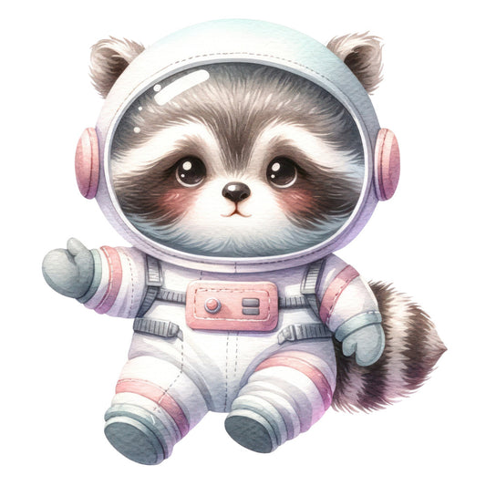 cute raccoon, space, astronaut, animals, whimsical, pastel pink, soft purple, dusty blue, gray, children's, baby, nursery, waving raccoon, cosmic, adventure, playful, modern, illustration, character, woodland creatures, girl, boy, gender neutral, stars, helmet, spaceship theme, dreamy, sweet, adorable