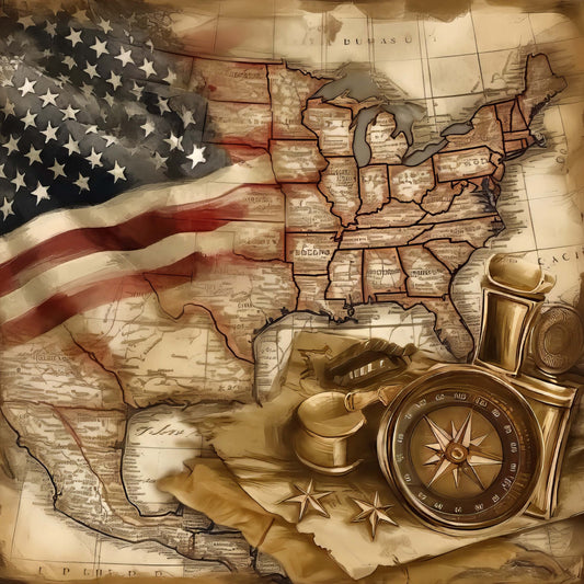 vintage americana, patriotic, antique map, compass rose, nautical, american flag, sepia tone, cream, tan, brown, red, navy blue, explorers map, travel theme, cartography, historical, rustic, traditional, elegant, adventure, geography, old world, heritage, americana decor, wall hanging, home decor, americana quilt, passport travel, classic americana, timeless design