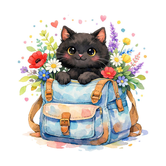 black cat, whimsical, cute animals, flowers, floral, hearts, spring, pastel colors, light blue, coral pink, golden yellow, purple flowers, daisies, poppies, denim bag, backpack, nature theme, children's, playful, illustration style, watercolor, botanical, colorful dots, girl's fabric, sweet style, nursery, baby quilt, wall hanging, bohemian, cheerful