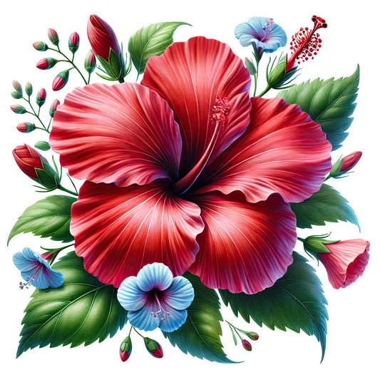 hibiscus, red flower, coral pink, crimson red, magenta, blue hibiscus, turquoise, emerald green, sage green, floral, botanical, nature, tropical, vibrant, elegant, whimsical, summer, spring, large scale flower, statement floral, detailed petals, garden flowers, decorative, home decor, wall hanging, quilt panel, bright colors, jewel tones, lush foliage