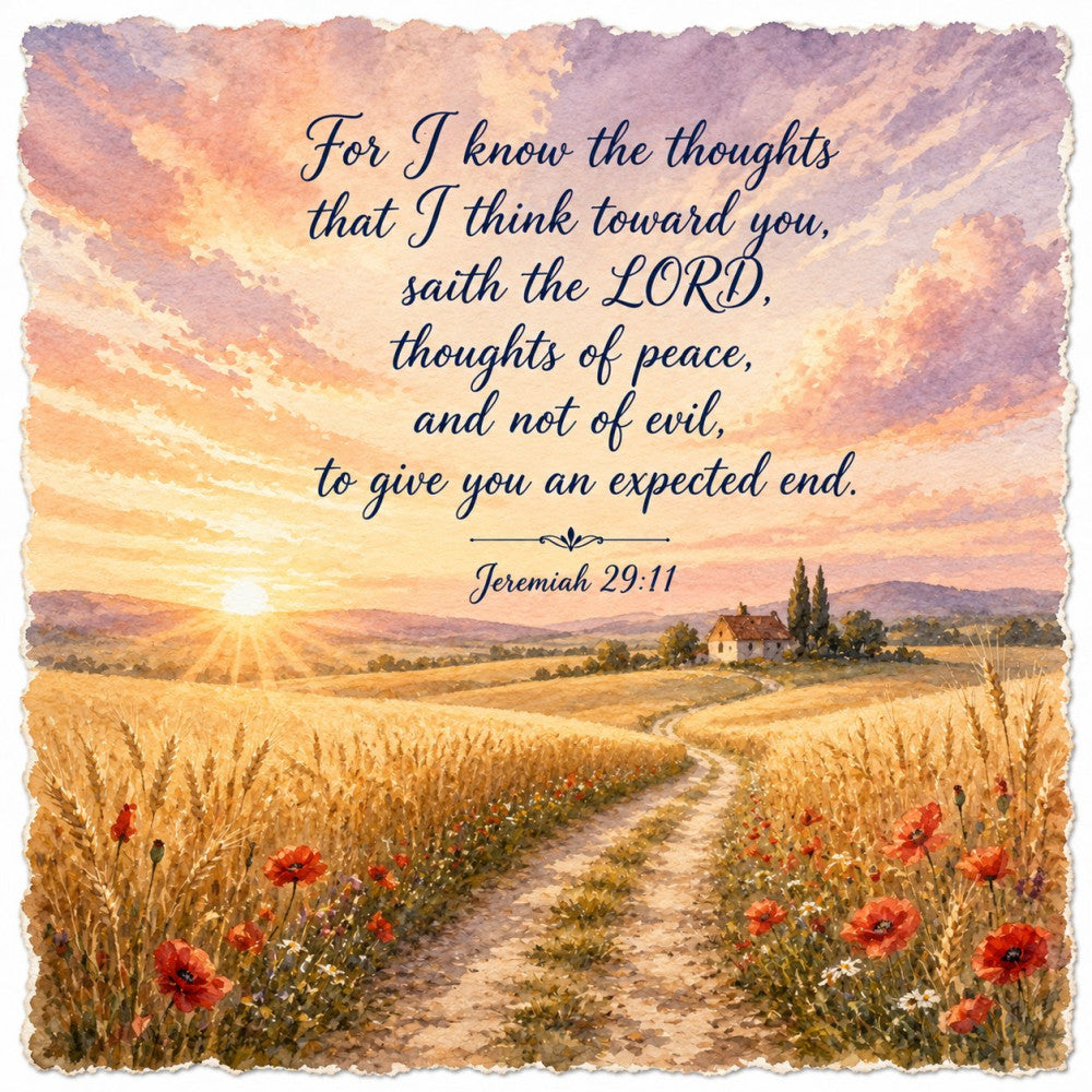 sunrise, sunset, landscape, countryside, rural, farmhouse, field, wheat, poppies, wildflowers, red flowers, golden hour, peaceful, inspirational, religious, scripture, bible verse, spiritual, faith, cottage, rustic, traditional, warm tones, peachy pink, dusty purple, golden yellow, cream, nature, pastoral, romantic