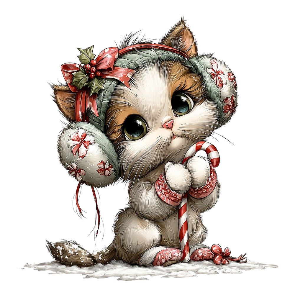 cat, kitten, holiday, christmas, festive, whimsical, cute, adorable, animals, red, white, cream, tan, brown, candy cane, peppermint, festive bow, ribbon, floral, poinsettia, winter, seasonal, decorative, cheerful, playful, children's, baby, embellished, illustrative, vintage style