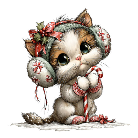 cat, kitten, holiday, christmas, festive, whimsical, cute, adorable, animals, red, white, cream, tan, brown, candy cane, peppermint, festive bow, ribbon, floral, poinsettia, winter, seasonal, decorative, cheerful, playful, children's, baby, embellished, illustrative, vintage style