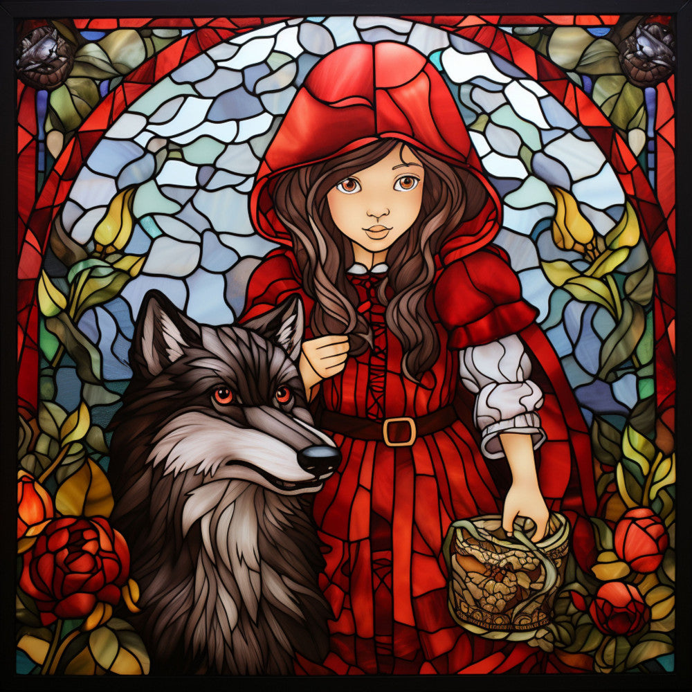 stained glass, little red riding hood, wolf, red cloak, fairy tale, crimson, burgundy, forest green, golden yellow, purple, fabric panel, quilting cotton, floral border, roses, fantasy art, folklore character, basket, hooded figure, decorative panel, children's story