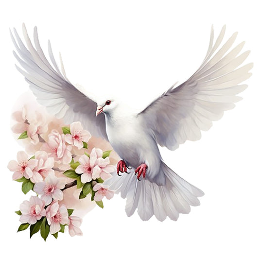 Spring White Doves Fabric Panel 3 featuring a detailed white dove in flight with soft pink blossoms on premium quilting cotton.