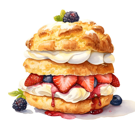 croissant, pastry, berries, strawberries, blueberries, blackberries, whipped cream, bakery, food, dessert, sweet treats, cream, red, golden brown, tan, navy blue, whimsical, playful, fun, summer, breakfast theme, kitchen decor, food motifs, novelty print, illustration, artistic, charming, delightful