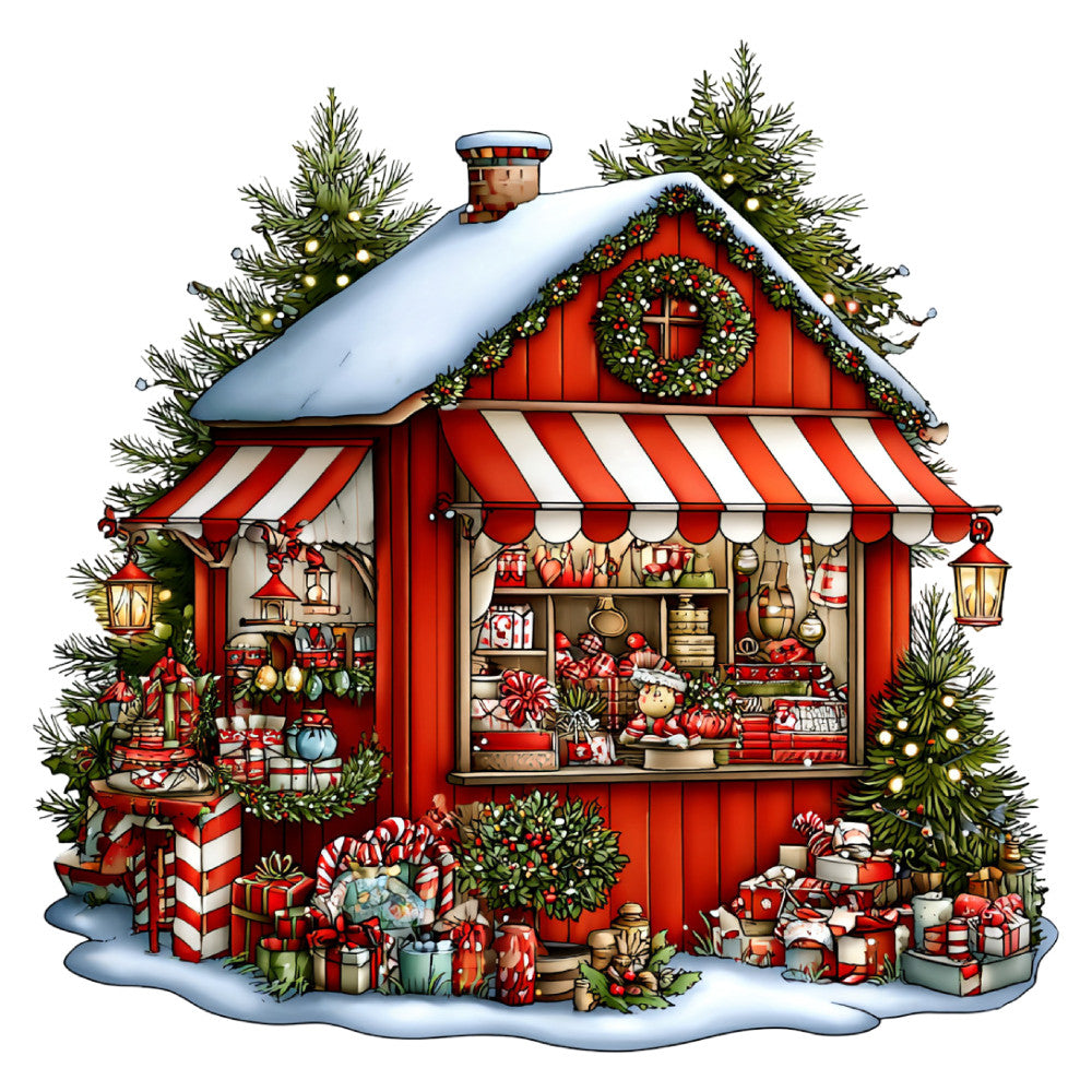 christmas, holiday, red and white, snow, striped, whimsical, festive, vintage, cottage core, farmhouse, kiosk, shop, gifts, presents, candy cane, wreath, evergreen, pine trees, winter, cream, gold accents, traditional, nostalgic, seasonal, candy striped, decorative, enchanting, storybook, charming, red buildings