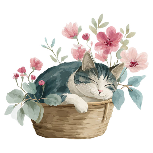 cat, sleeping cat, tabby cat, floral, pink flowers, botanical, nature, animals, whimsical, basket, cottage core, farmhouse, spring, gentle, soft, dusty rose, pale pink, sage green, cream, gray, leaves, eucalyptus, flowers in basket, cozy, sweet, illustration, artistic, watercolor style, nursery, baby