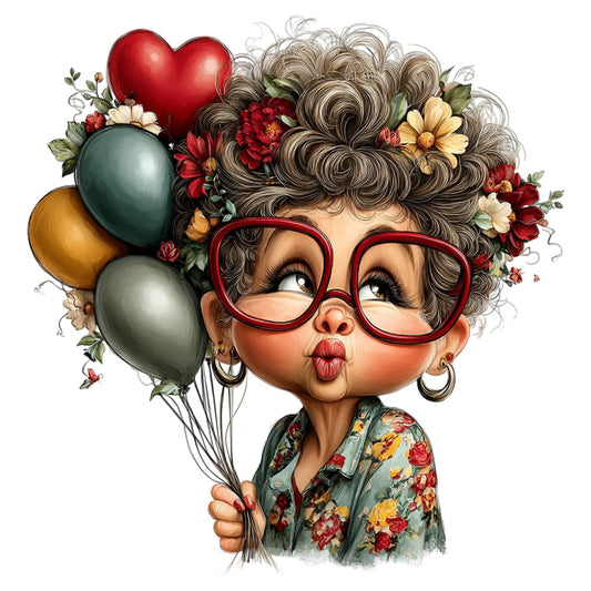 whimsical, vintage, portrait, character, curly hair, red glasses, heart balloon, floral, flowers, daisies, roses, balloons, gold, forest green, cream, burgundy red, sweet, playful, nostalgic, retro, feminine, celebration, birthday, mother's day, grandma, quirky, fun, colorful, whimsy motifs