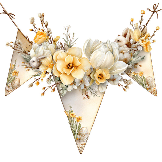 cream, ivory, soft yellow, pale yellow, butter yellow, sage green, muted gold, warm beige, floral, botanical, easter, spring, vintage, elegant, whimsical, rustic, cottage core, daffodils, tulips, roses, pussy willows, dried flowers, bunny rabbits, easter eggs, nature, garden, romantic, traditional, soft pastels, spring flowers