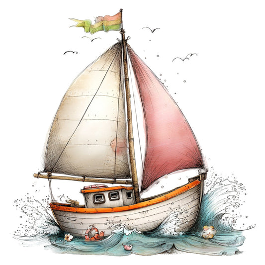 sailboat, nautical, whimsical, children's, coastal, cream, coral pink, dusty rose, seafaring, sailing, boat, ocean waves, water, adventure, storybook, illustration, vintage, charming, playful, maritime, summer, travel theme, kids fabric, nursery, bedding, wall hanging, seagulls, flags, rope, anchor
