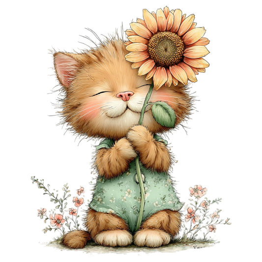 cat, kitten, sunflower, fluffy animal, cute, whimsical, spring, summer, nature, floral, animals, warm tones, cream, tan, golden yellow, coral pink, sage green, mint green, rustic, cottage core, farmhouse, playful, children, kids, baby, adorable, illustration, botanical, flowers, gentle
