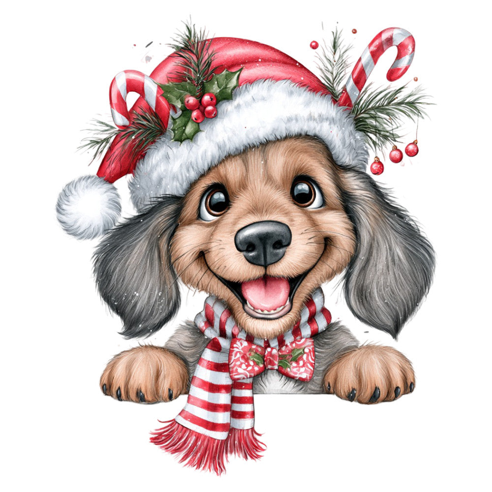 christmas dog, holiday puppy, festive dog, red and white, cream, tan, gray, candy cane, whimsical, cute, adorable, dog face, spaniel, long-eared dog, holly berries, pine branches, red bow tie, striped scarf, santa hat, christmas animals, holiday animals, seasonal, winter holiday, december, cheerful, joyful, playful, children's, kid-friendly, character panel