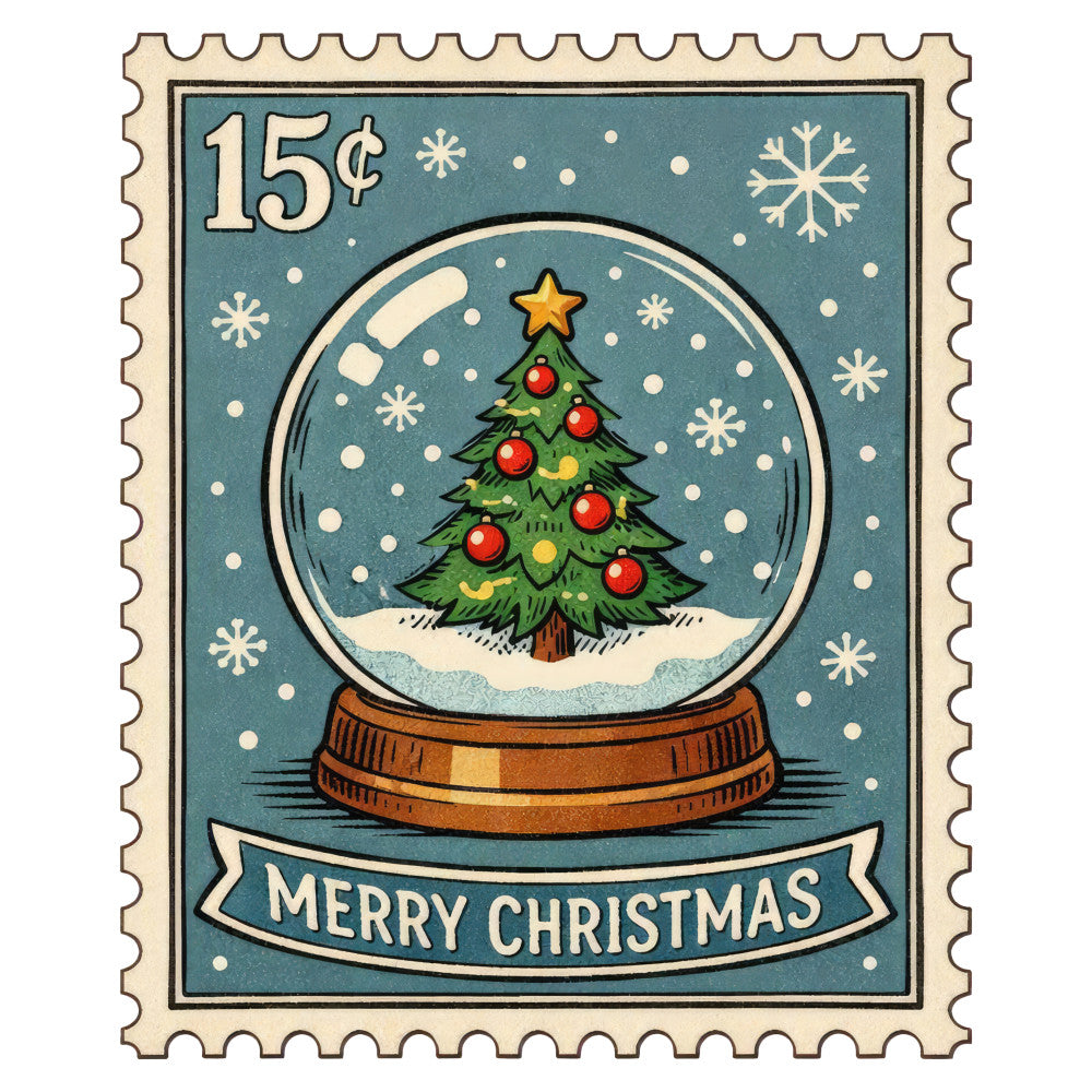 snow globe, christmas, holiday, vintage, retro, nostalgic, teal blue, forest green, red ornaments, gold star, snowflakes, winter, festive, whimsical, traditional, stamp design, postage stamp, snow, evergreen tree, decorative ornaments, classic christmas, seasonal, greeting card style, holiday decor, winter wonderland, timeless, charming, illustration style, cream background, holiday themed