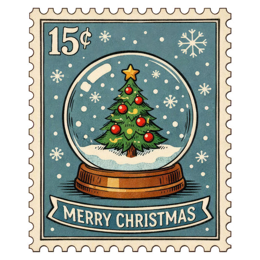 snow globe, christmas, holiday, vintage, retro, nostalgic, teal blue, forest green, red ornaments, gold star, snowflakes, winter, festive, whimsical, traditional, stamp design, postage stamp, snow, evergreen tree, decorative ornaments, classic christmas, seasonal, greeting card style, holiday decor, winter wonderland, timeless, charming, illustration style, cream background, holiday themed