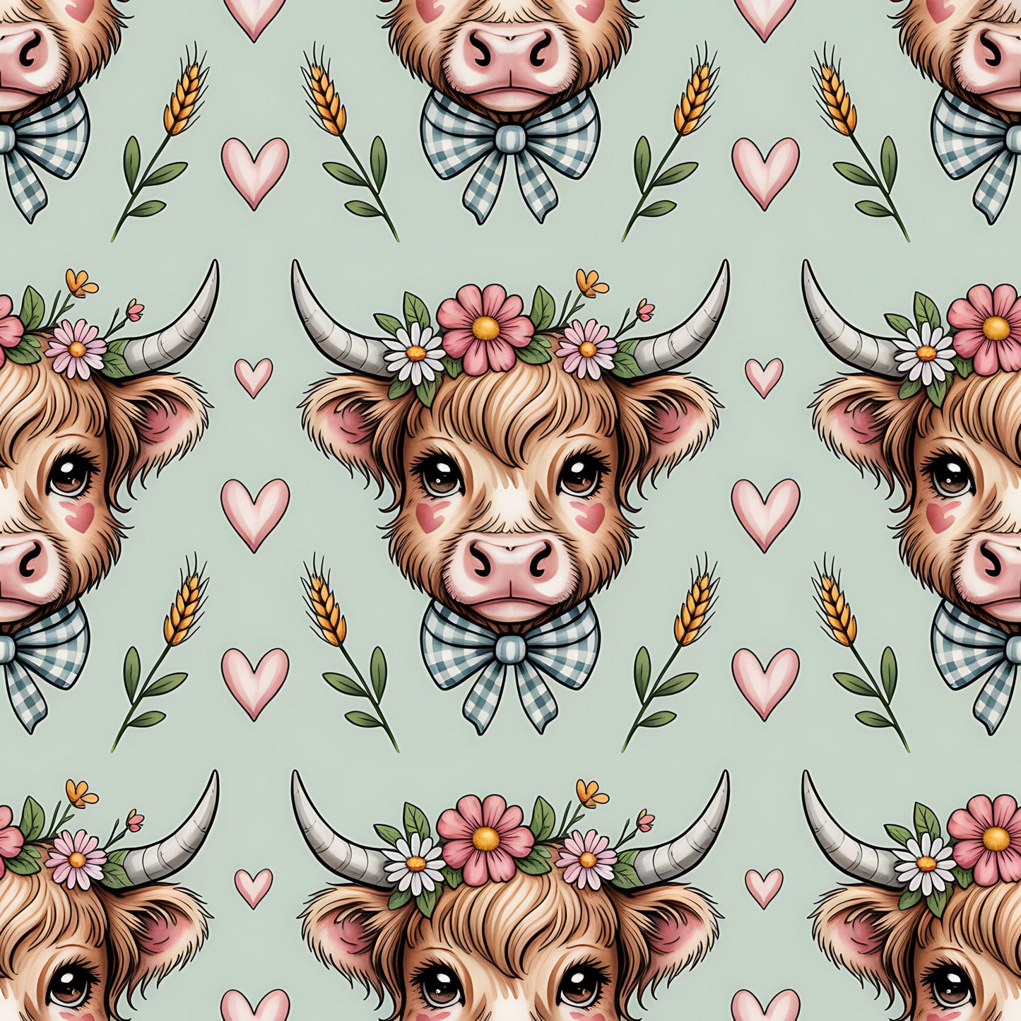 Highland Cow Heads Pattern 14 Quilting Cotton Fabric