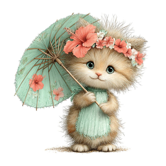 cute cat, fluffy kitten, sage green, mint green, coral pink, peachy pink, cream, tan, whimsical, adorable, animal, cat with umbrella, floral crown, daisies, hibiscus flowers, spring, summer, gentle, sweet, kawaii style, children's design, baby themed, nursery, storybook illustration, vintage style, cottage core, nature inspired, fantasy creature, decorative arts
