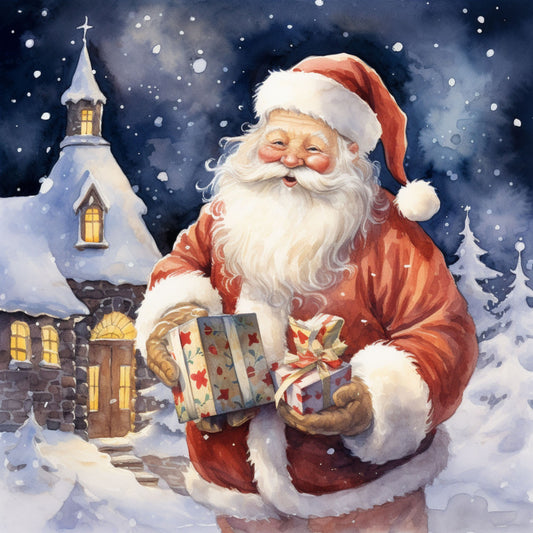 santa claus, christmas scene, winter landscape, snow falling, church building, gift boxes, red suit, white beard, jolly expression, watercolor style, fabric panel, quilting cotton, holiday theme, snowy night, warm lighting, festive spirit, christmas presents, winter wonderland, cozy atmosphere, seasonal design