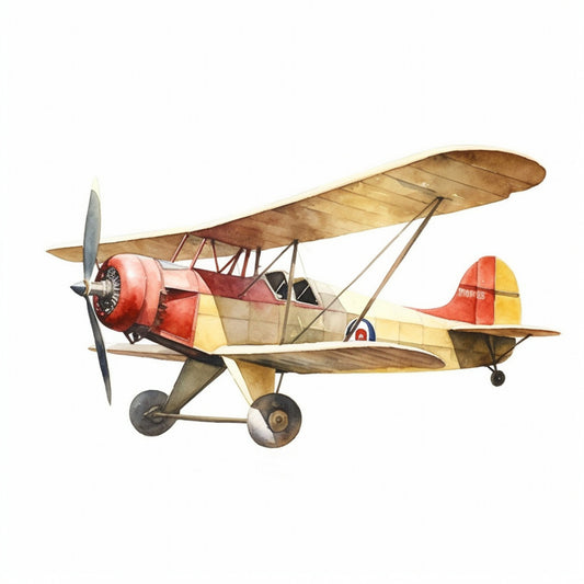 vintage airplane, red aircraft, cream, tan, wood tones, yellow, aviation, retro biplane, propeller plane, vintage transportation, steampunk, nostalgic, whimsical, retro style, classic airplane, 1920s, 1930s, adventure theme, travel theme, antique, mechanical, industrial, pilot, sky adventure, vintage aviation, heritage, traditional, charming, historical aircraft