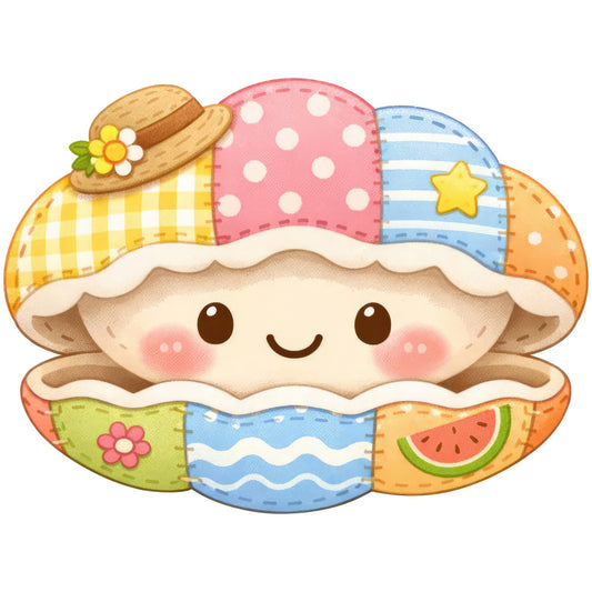 cute character, whimsical, pastel colors, coral pink, soft yellow, sky blue, lime green, polka dots, striped, gingham check, checkered, smiling face, happy character, kawaii, straw hat, flower motif, watermelon, wave pattern, whimsical theme, playful style, children's, baby, spring, summer, cheerful, sweet, charming, colorful patchwork, embroidered details, nursery