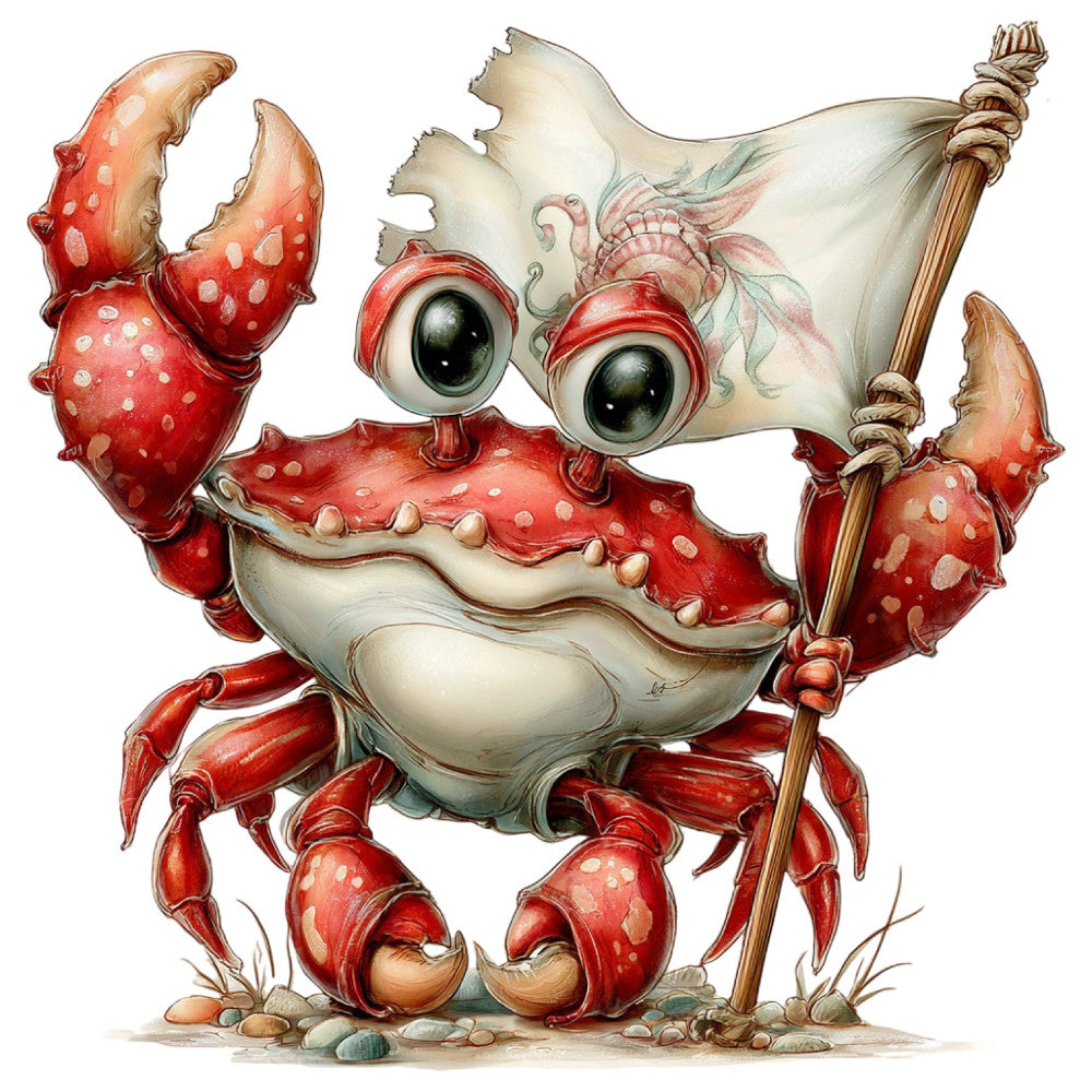 whimsical, red crab, cream, beige, seafood, nautical, ocean, beach, coastal, marine animals, crustacean, illustrated, character design, children's, playful, quirky, storybook, flag, staff, coastal theme, red and cream, spotted pattern, summer, seaside, adorable, cute, fantasy creature