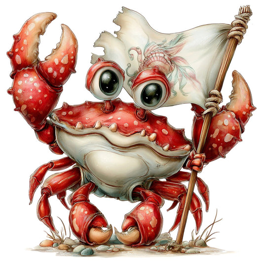 whimsical, red crab, cream, beige, seafood, nautical, ocean, beach, coastal, marine animals, crustacean, illustrated, character design, children's, playful, quirky, storybook, flag, staff, coastal theme, red and cream, spotted pattern, summer, seaside, adorable, cute, fantasy creature