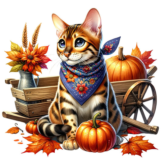autumn cat, fall cat, orange tabby, cat with bandana, floral cat, pumpkin, fall leaves, maple leaves, sunflowers, wheat, harvest theme, farmhouse style, rustic cat, whimsical cat, navy blue, burnt orange, golden yellow, rust red, cream white, animal theme, cat lover, seasonal autumn, fall harvest, pumpkin patch, woodland, cottage core, traditional, decorative panel, home decor