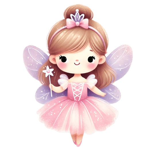 fairy, fairy tale, fantasy, whimsical, magical, princess, tutu, wings, fairy wings, brown hair, tiara, crown, magic wand, sparkles, glitter, soft pink, lavender purple, dusty rose, blush pink, pale purple, cute, kawaii, children, girl, nursery, baby, storybook, enchanted, dreamy, pastel colors