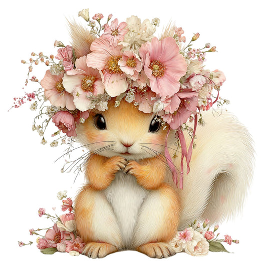 cute animal, fluffy squirrel, pink flowers, cream white, soft pastel, floral crown, whimsical, spring, baby quilt, woodland creature, gerbil, hamster, delicate florals, romantic, vintage botanical, nature theme, sweet animal face, children's fabric, nursery decor, blush pink, ivory, dusty rose, daisy flowers, decorative flowers, cottage core, gentle illustration, adorable character, springtime blooms, wall hanging, baby shower