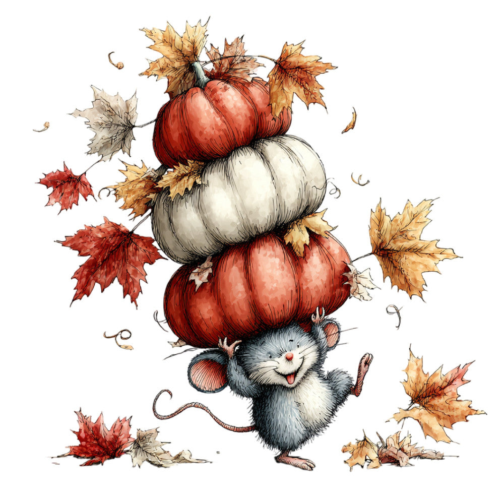 autumn, fall, pumpkins, mouse, mice, rodent, red pumpkins, white pumpkin, maple leaves, oak leaves, autumn leaves, fall leaves, cream, rust, burnt orange, terracotta, gray, whimsical, charming, woodland, nature, harvest, thanksgiving, seasonal, cute animals, playful, folkloric, illustration style, children's, storybook