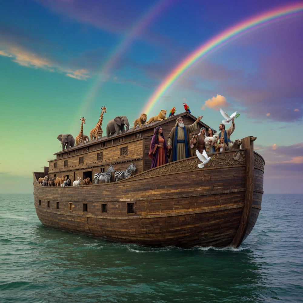 noah's ark, religious, biblical, animals, rainbow, turquoise, teal, purple, gold, wooden boat, nature, whimsical, children's, storybook, fantasy, nautical, giraffes, elephants, zebras, lions, doves, parrots, macaws, water, sky, spiritual, family friendly, illustrated, scenic, adventure