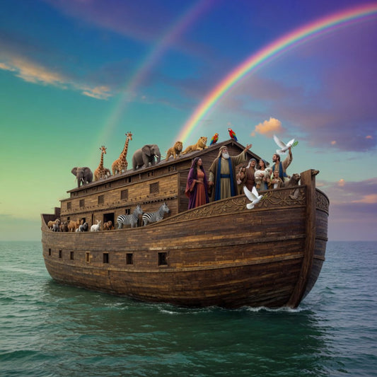 noah's ark, religious, biblical, animals, rainbow, turquoise, teal, purple, gold, wooden boat, nature, whimsical, children's, storybook, fantasy, nautical, giraffes, elephants, zebras, lions, doves, parrots, macaws, water, sky, spiritual, family friendly, illustrated, scenic, adventure