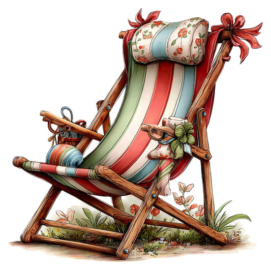 deck chair, striped fabric, vintage beach, red stripes, blue stripes, green stripes, cream stripes, floral print, roses, small flowers, botanical motifs, red bows, seaside theme, coastal style, retro design, whimsical pattern, traditional style, summer fabric, beach cottage, nostalgic, decorative cushion, lawn chair print, striped pattern, garden flowers, spring motif, cheerful design, cottage core, classic stripes, leisure theme, relaxation print