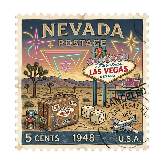 nevada postage, vintage las vegas, retro travel, neon signs, desert landscape, 1948, welcome to fabulous las vegas, the strip, mid-century modern, travel theme, vintage suitcase, dice motifs, slot machine, neon pink, neon cyan, neon yellow, sandy tan, desert tan, sunset colors, nostalgic, retro style, gambling theme, vacation theme, joshua trees, airplane, vintage postcard, whimsical, americana, travel poster